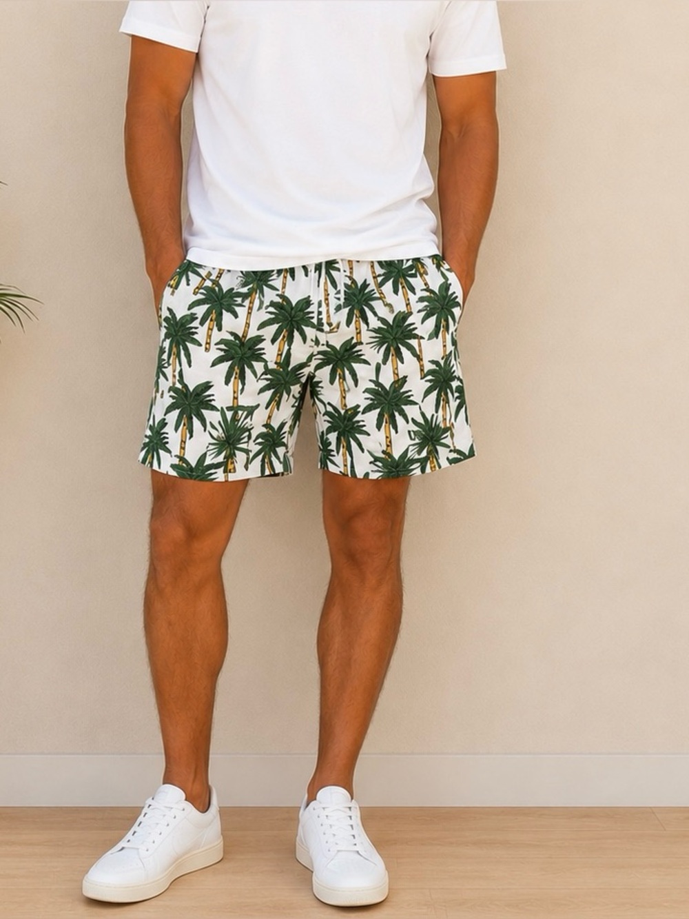 Free Planet Palm Tree Tropical Cotton Shorts Men Large 34 White Green Drawstring